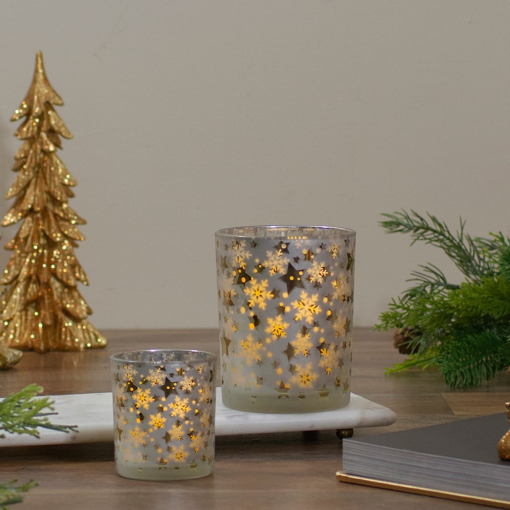 3" Matte Silver Gold Stars Snowflakes Flameless Glass Candle Holder