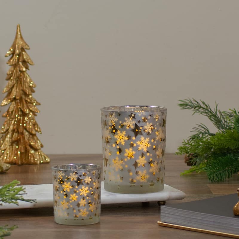 5" Matte Silver Gold Stars Snowflakes Flameless Glass Candle Holder