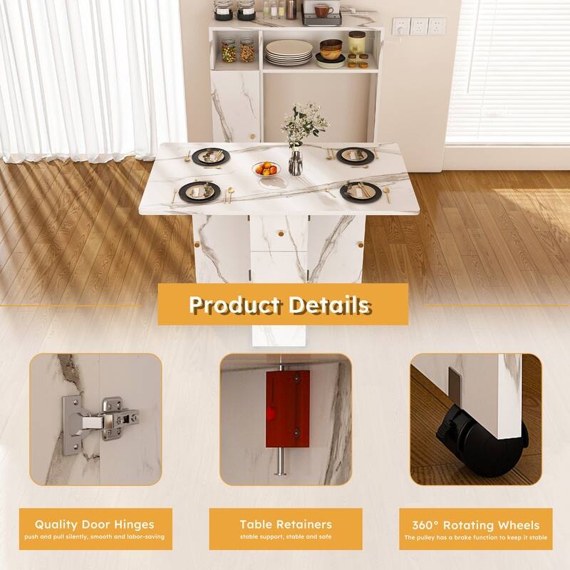 Folding Dining Table and Storage Sideboard with Charging Station， Multifunctional Space-Saving Kitchen Table with Wheels