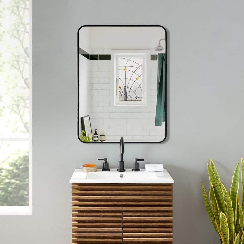 24 in. W x 32 in. H Rectangular Aluminum Framed Wall Bathroom Vanity Mirror in Matt Black