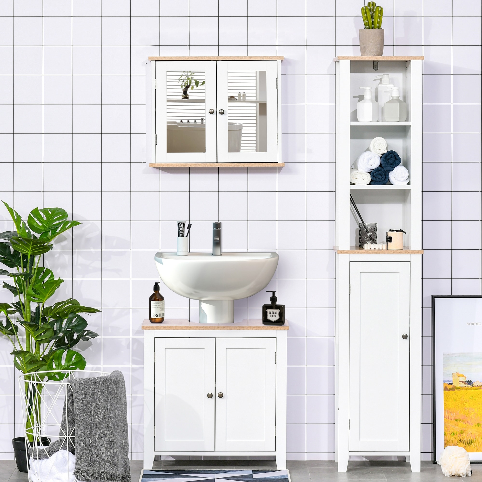 kleankin Bamboo Under Sink Cabinet with 2 Slatted Doors, Freestanding Bathroom Sink Cabinet Space Saver Bathroom Organizer, Natural