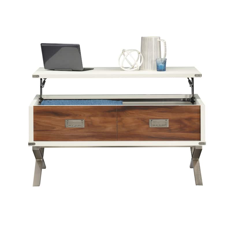 Wood Lift-Top Coffee Table with X metal legs, White/Brown - 39.21" L x 19.69" W x 18.78" H