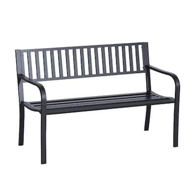 Outdoor Steel Garden Bench with Armrest and Backrest Weather Resistant Patio Seat for Yard Porch and Park