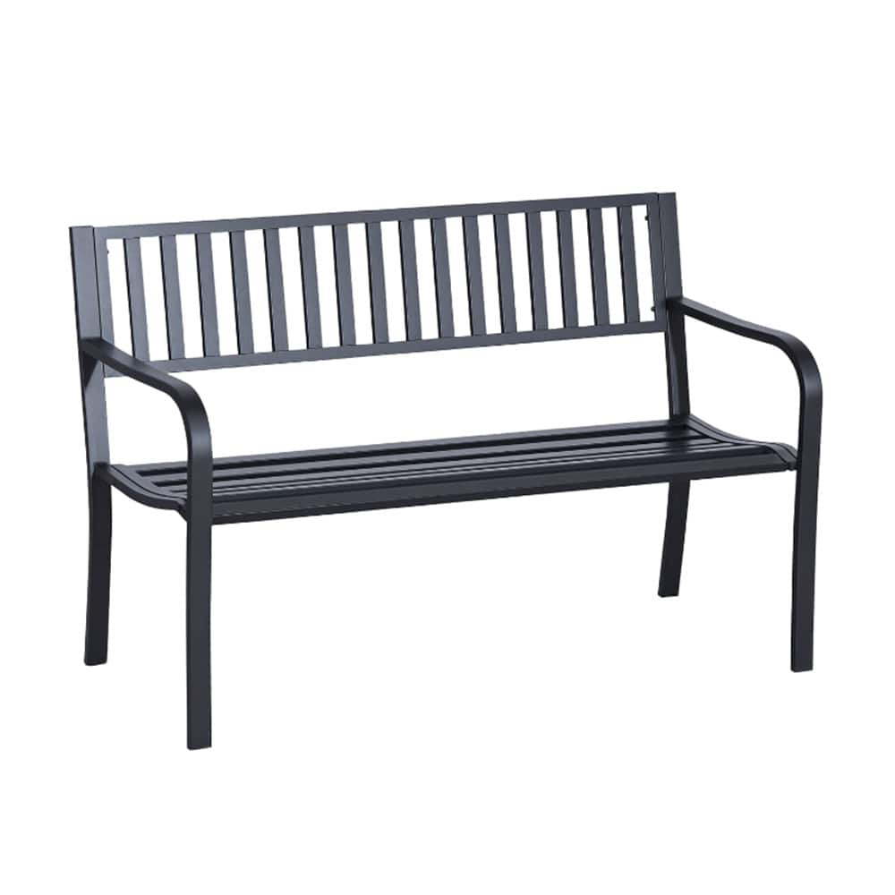 Outdoor Steel Garden Bench with Armrest and Backrest Weather Resistant Patio Seat for Yard Porch and Park