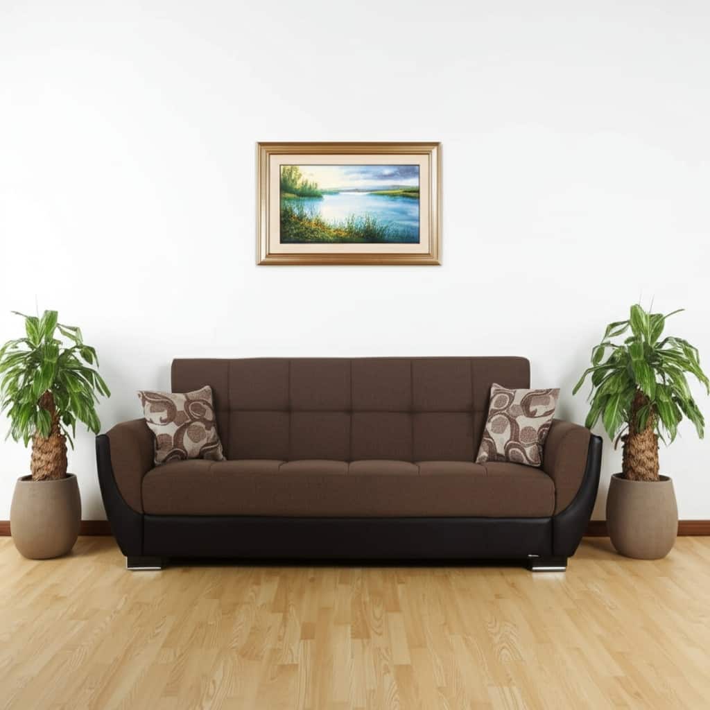 HomeRoots 93" Brown Chenille And Faux Leather Convertible Futon Sleeper Sofa And Toss Pillows With Storage