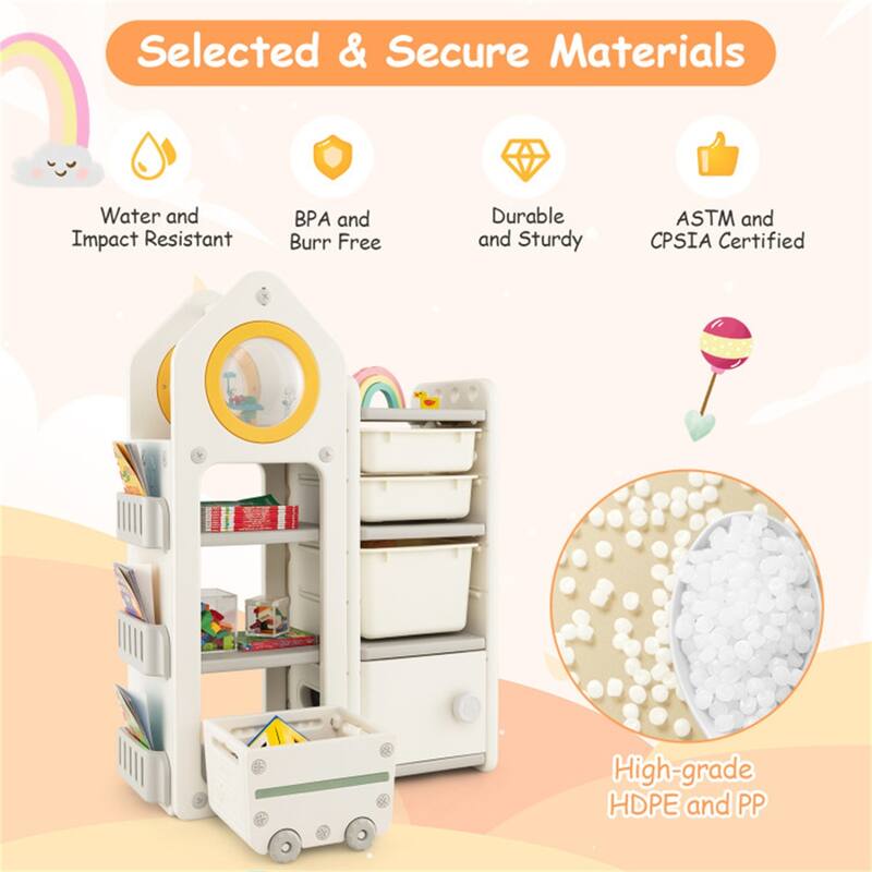 Beige Toy Organizer with Mobile Trolley and 3 Bookshelves Cabinet Large and Small Storage Bins - 34" x 15" x 47"