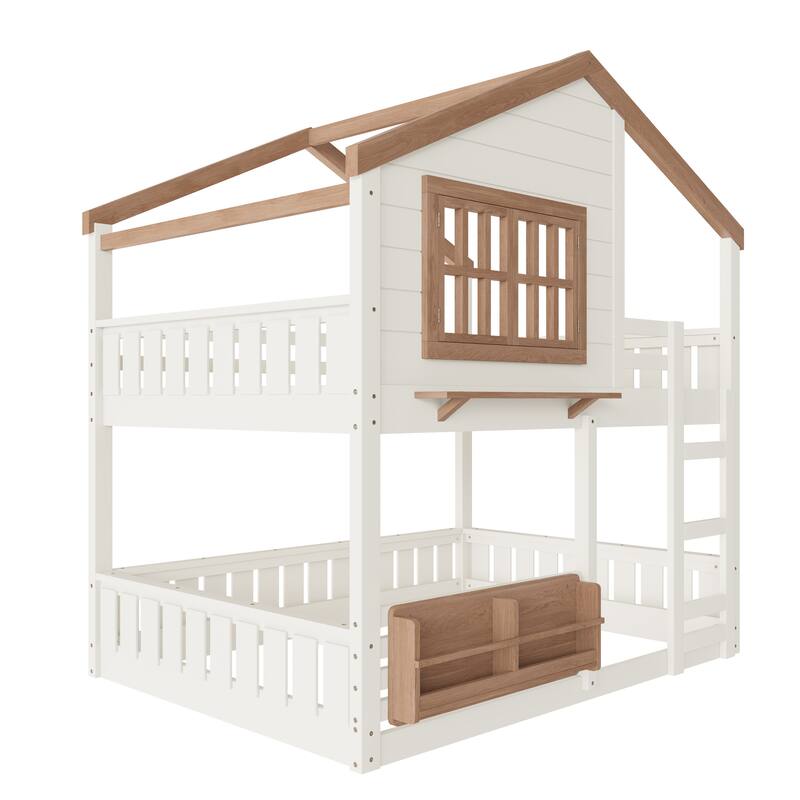 Fairytale House Bunk Bed Wood Loft Bed Frame with Bookshelf and Shelf