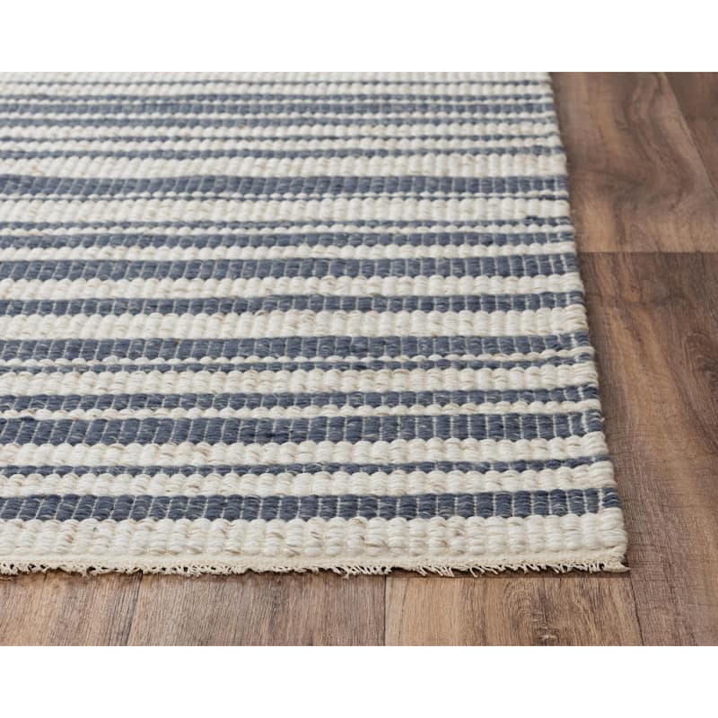 Alora Decor Sun Ivory and Blue Striped Hand-woven Wool Blend Rug