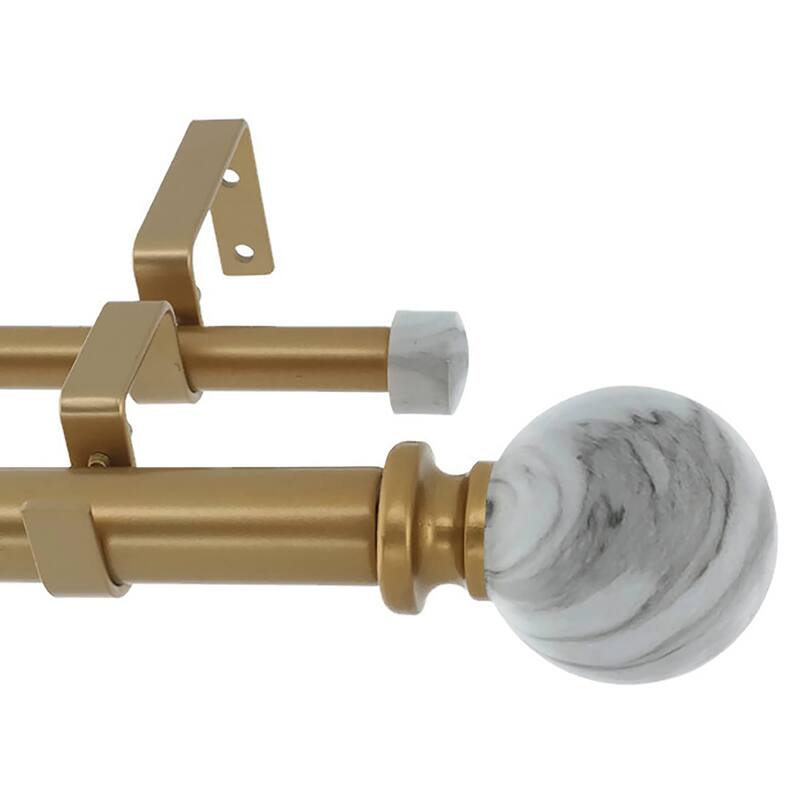 Meriville 1-Inch Diameter Double Window Curtain Rod, White Marble Ball Finial - Royal Gold - 48"-84"