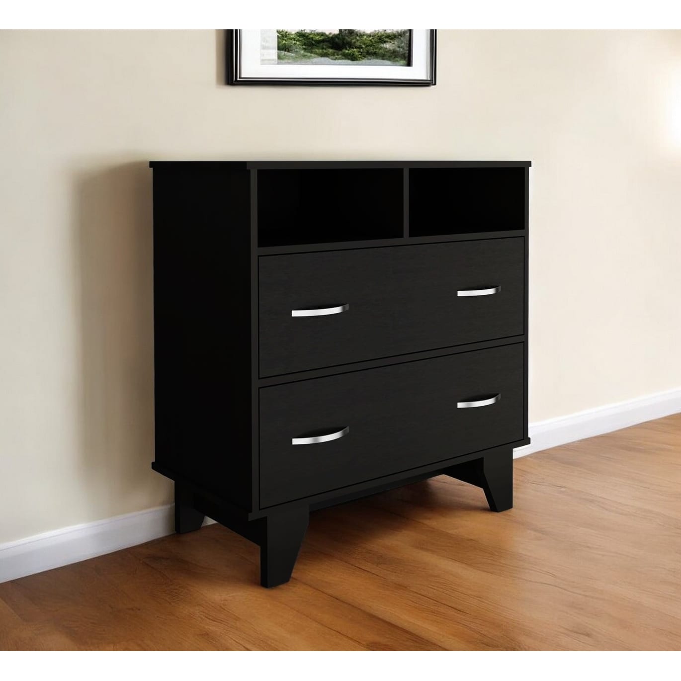 HomeRoots 32" Black Two Drawer Dresser With Open Shelving