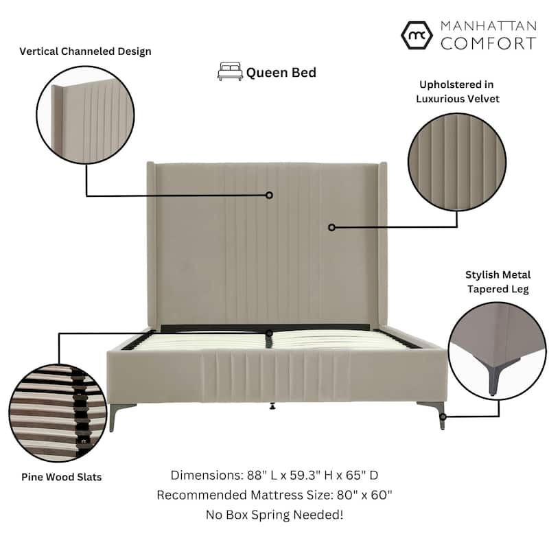 Manhattan Comfort Promenade Mid-Century Modern Velvet Upholstered Bed