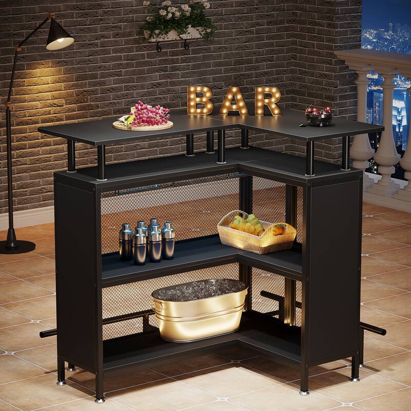 36"x 48"L-Shaped Home Bar Unit with Footrest - Modern Corner Liquor Cabinet with 2-Tier Shelves & Glass Racks