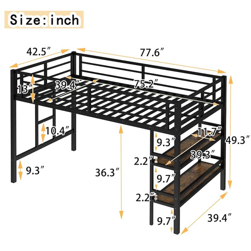 Twin Metal Loft Bed with Storage Shelf, Ladder and Guardrails, Space Saving Loft Bed Frame for Kids