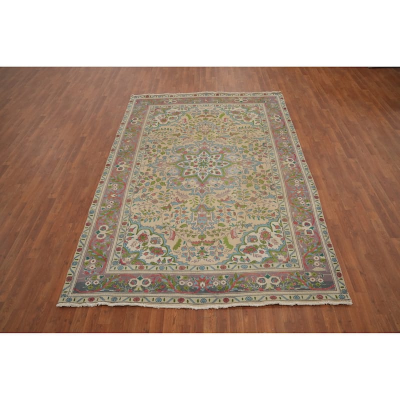 Hand Knotted Oriental 100% Wool Carpet Traditional Floral Beige & Ivories Tabriz Area Rug - 9' 9'' X 6' 5''