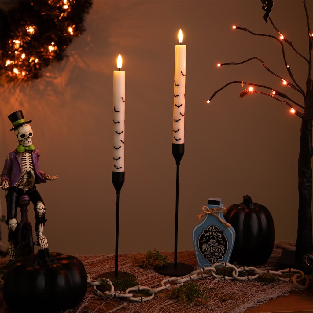 LED Flickering Flameless Wax Tapered Flying Bats Halloween Candles - 9.75" - Set of 2