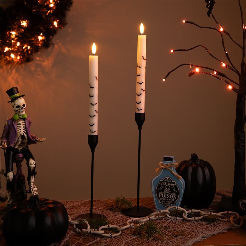 LED Flickering Flameless Wax Tapered Flying Bats Halloween Candles - 9.75" - Set of 2