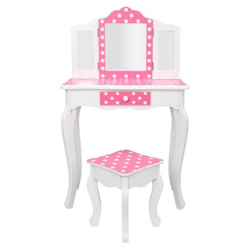 Three-Fold Mirror Single-Drawing Curved Foot Children Dressing Table Red Dots - 23.63 x 11.03 x 38.59
