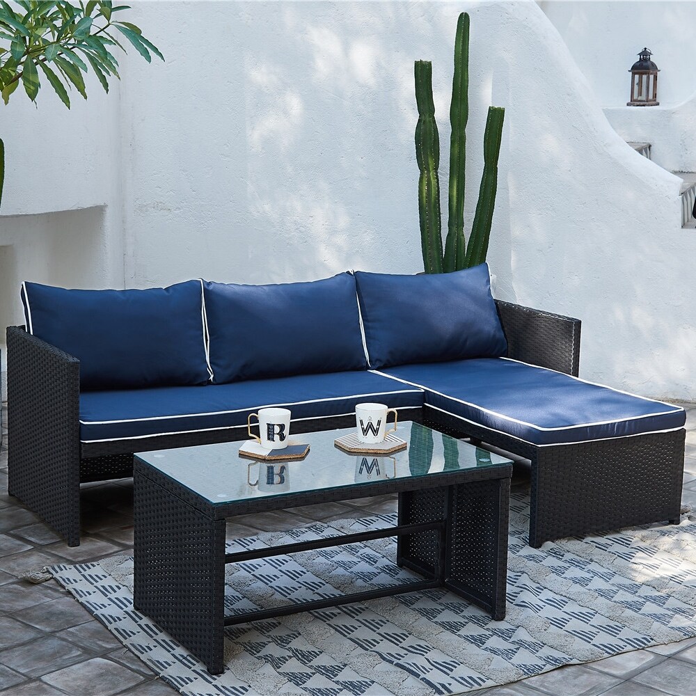Grearden 3 Piece Rattan Patio Conversation Sofa Set With Coffee Table Overstock 31665008