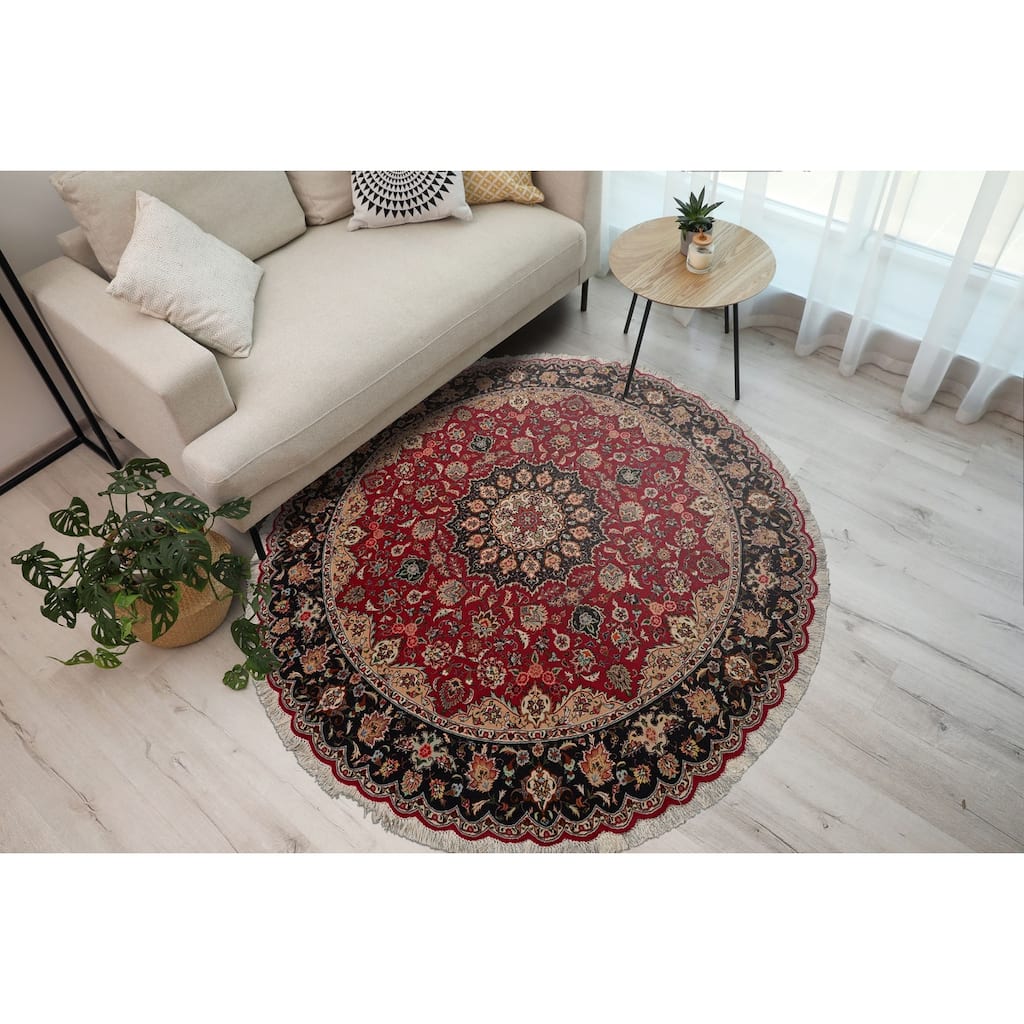 6'7''x6'7'' Hand Knotted Fuschia Round Wool Oriental Area Rug - 6' 7'' x 6' 7''-Round
