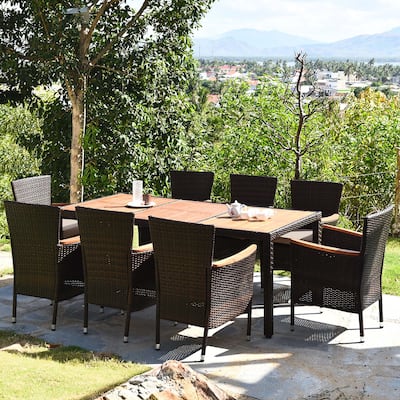 9PCS Patio Rattan Dining Set 8 Chairs Cushioned Acacia Table Top - 9-Piece Sets