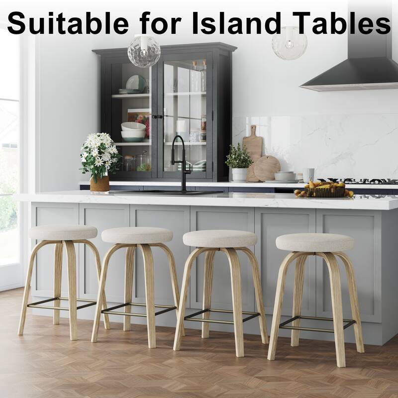 Swivel Bar Stools Set of 2, Counter Height Backless 26″Bar Stool, Fabric Upholstered Seat, Sturdy Wood Legs and Metal Footrest