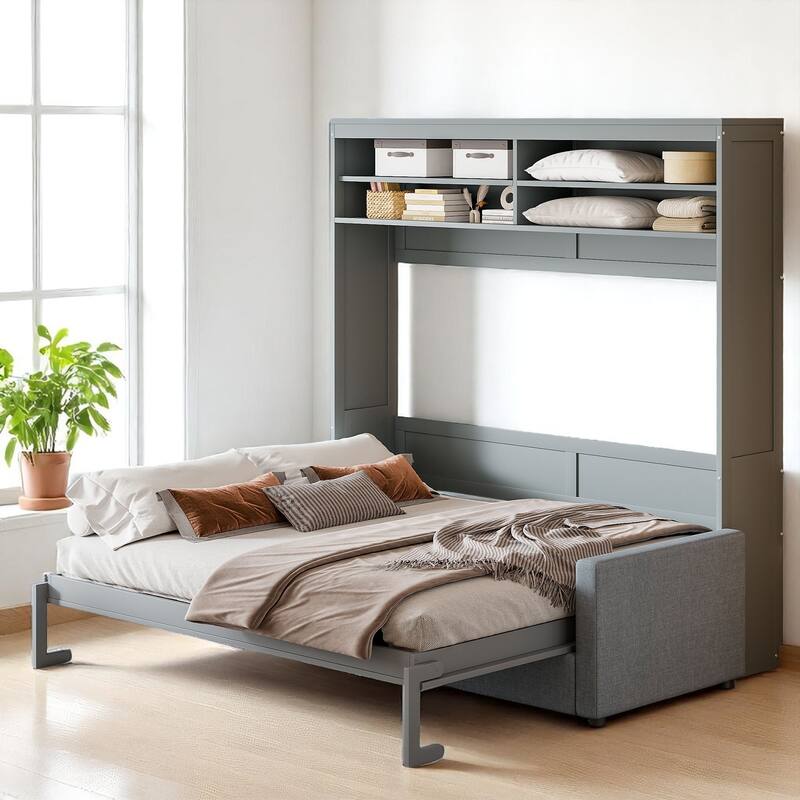 Full/Queen Size Murphy Bed Wall Bed with Sofa & Storage, Foldable Space-Saving Design with Cushion