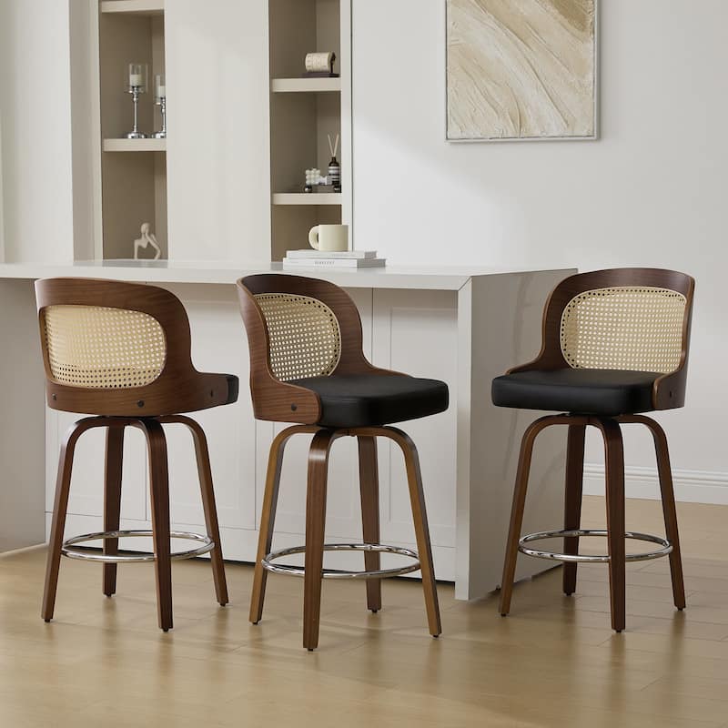 26" Upholstered Swivel Counter & Bar Stool with Rattan Back - 37.4"H x 19.09"W x 19.88"D - Set of 3 - Black