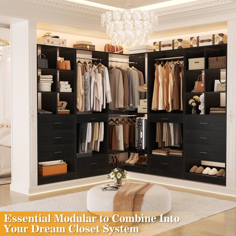 Qvella Corner Closet System with 4 Wooden Drawers & Hanging Rods & Pants Rack, Walk-in Closet Organizer System with Shoe Storage