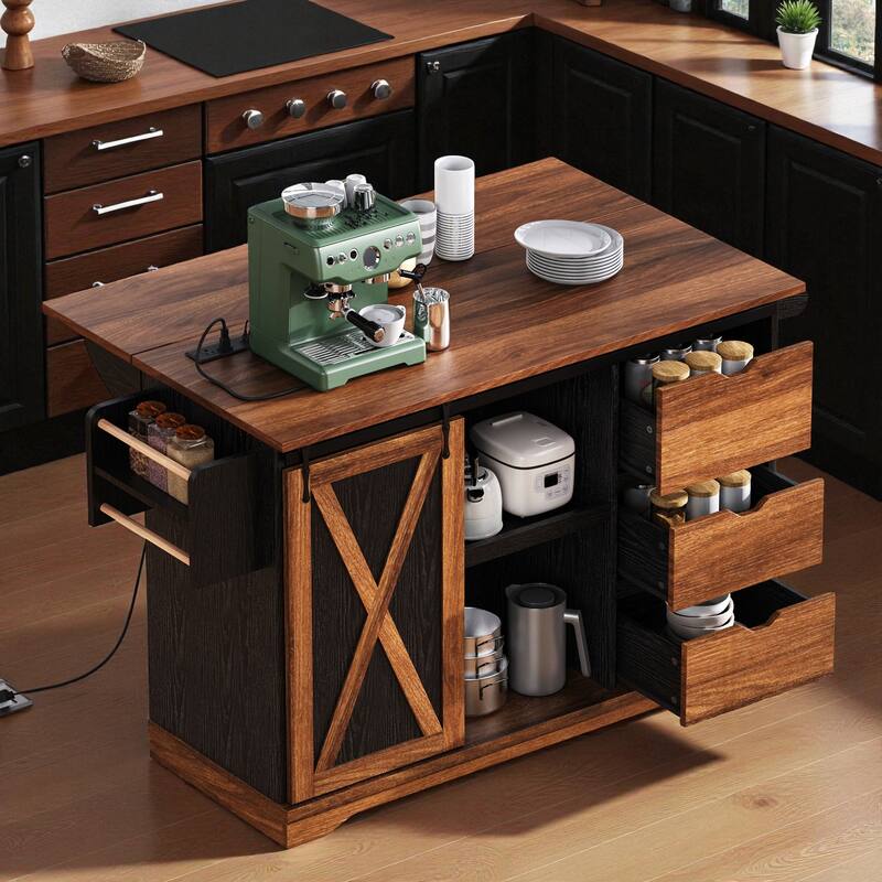 55.5" Farmhouse Kitchen Island with Drop Leaf, Barn Door, Power Outlet, Drawers & Shelves, Rolling Cart on Wheels