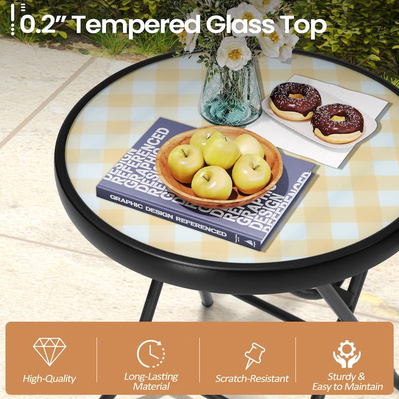 Crestlive Outdoor Side Table Patio Small Folding Table with Tempered Glass Table Top