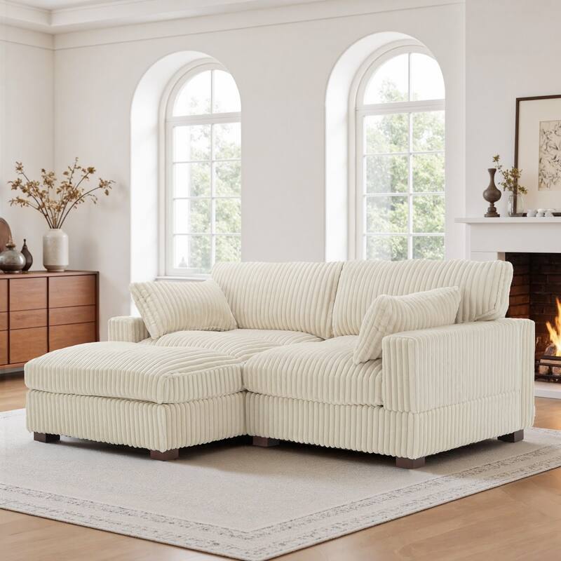 Plush Corduroy Upholstered Modular Sectional Sofa with Chaise - Left Facing - White-2 Pieces