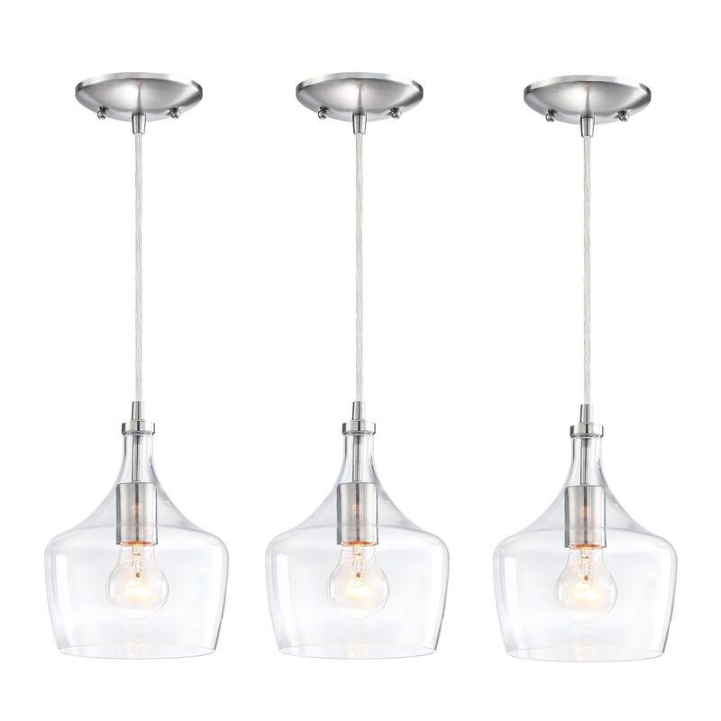 1-Light Kitchen Island Teardrop Clear Glass Pendant（1 or 3-pack can be chosen) - 3-Pack - Brush Nickle