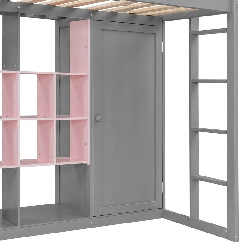 Twin/Full Size Loft Bed with Wardrobe and Cabinet, Wooden Loft Bedframe with Storage Shelves, Ladder and Guardrail for Kids