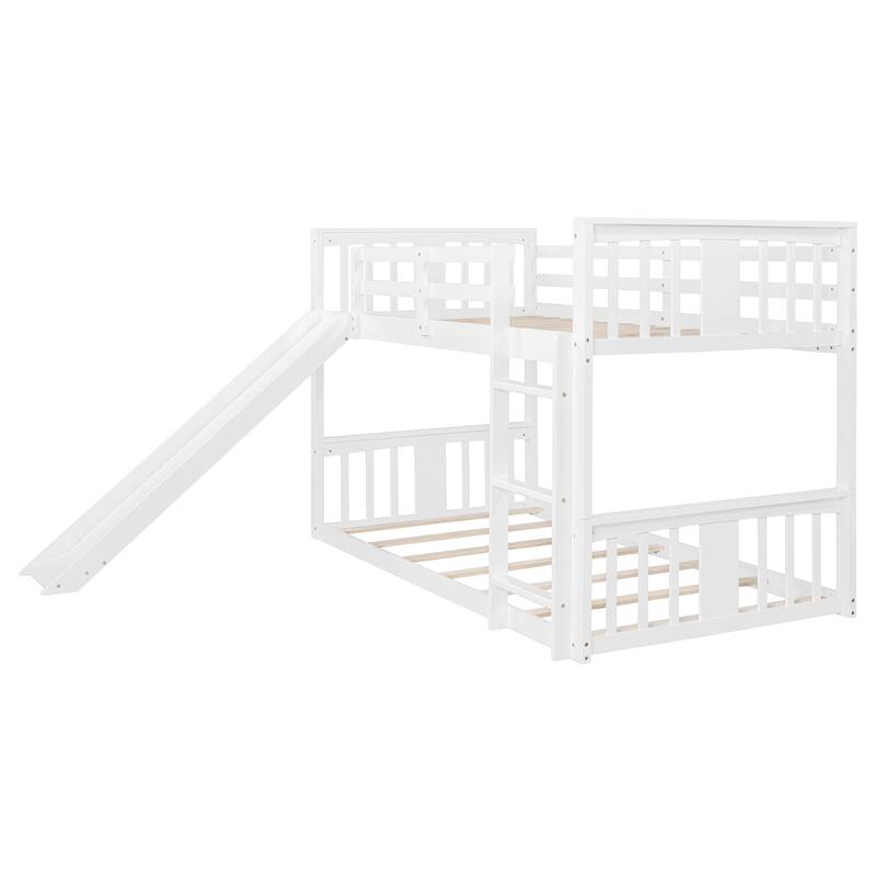 White Twin Over Twin Bunk Bed with Slide and Ladder, Space-Saving Design