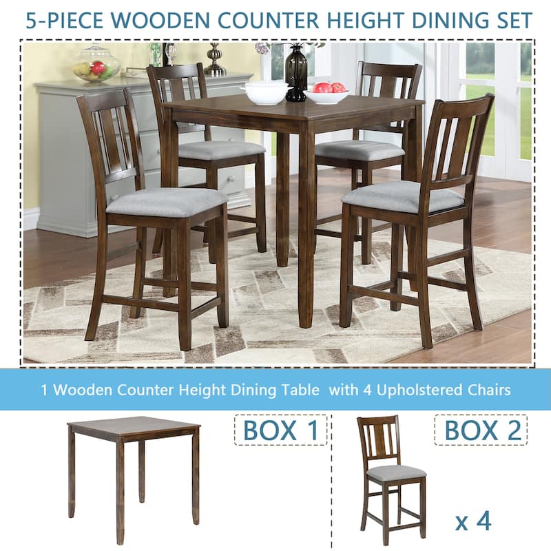Counter Height Dining Table Set, 5 Piece Dining Table and Chair Set with Square Table and 4 Upholstered Chairs