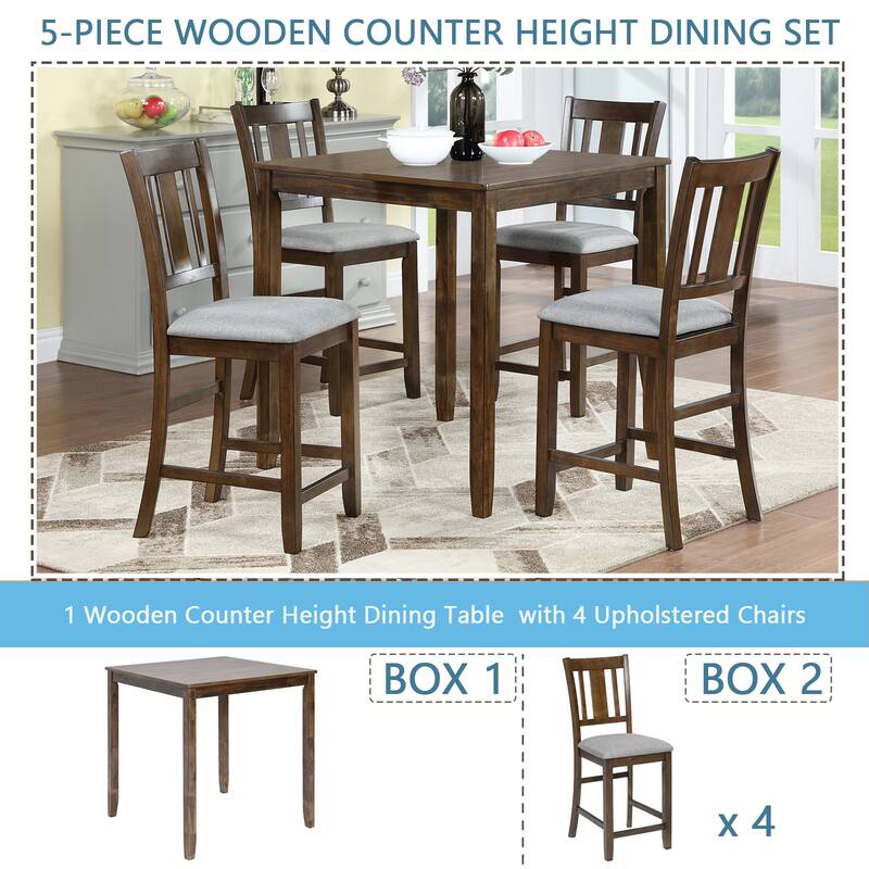 GDFStudio - Montara 5-Piece Farmhouse Wooden Square Counter Height Dining Table Set with 4 Upholstered Chairs