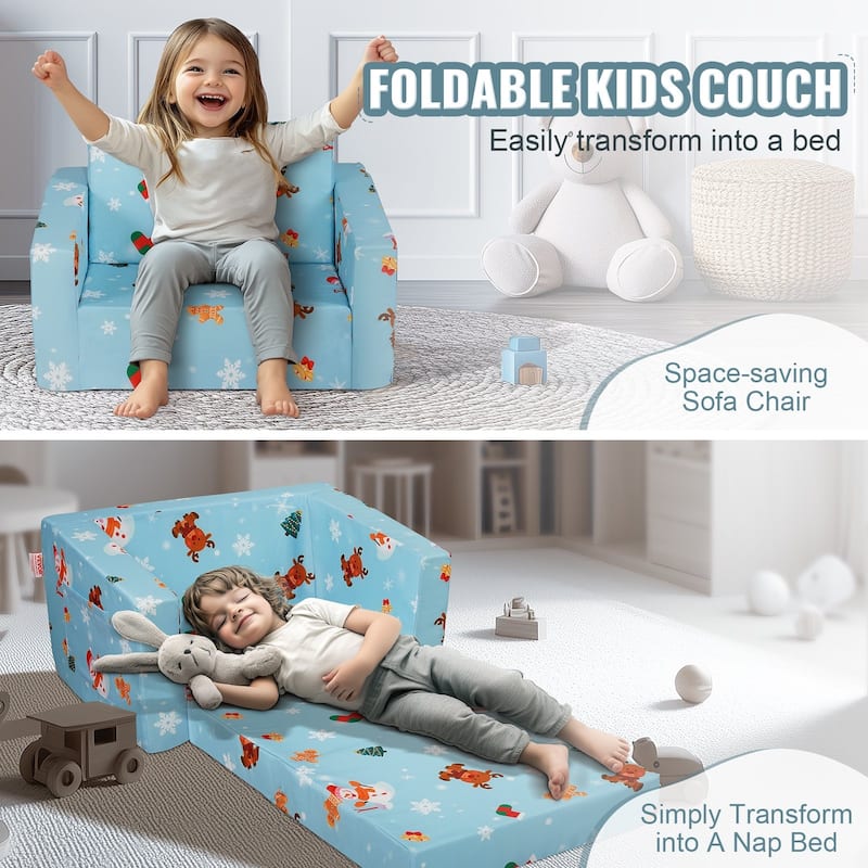Sky Blue Foam Foldable Kids Sofa Bed with Printed Fabric and Zippers - 40.94” L x 22.83” W x 12.60” H