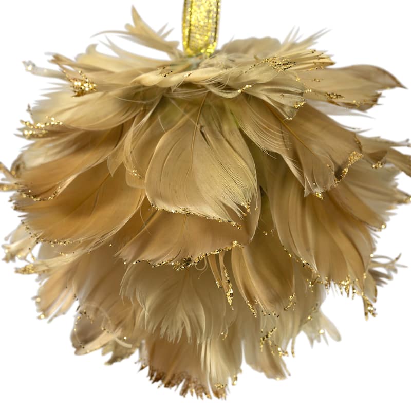 Glittered Feathers Christmas Ball Ornament - 6" - Tan
