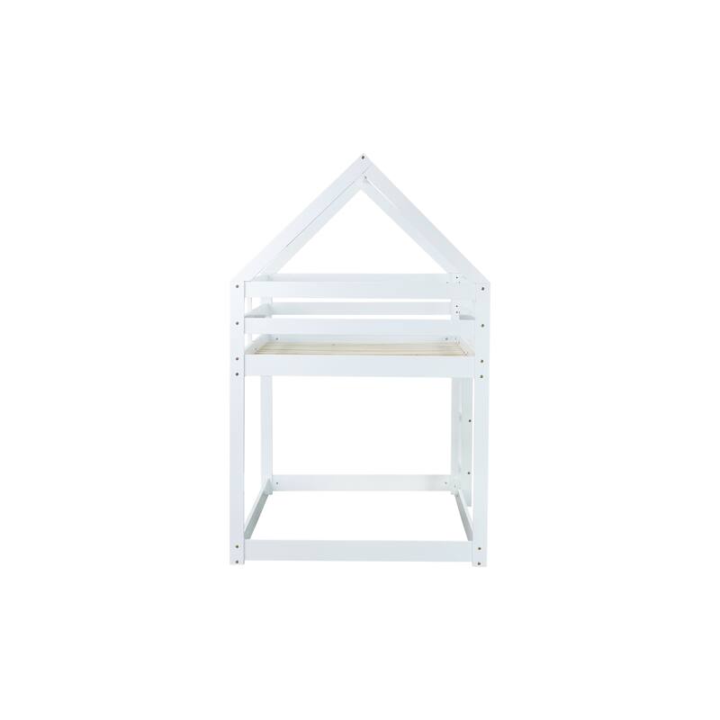 Twin over Twin Rubber Wood Floor Bunk Bed, with ladder,Guardrails,House-Shaped-Bunk Bed