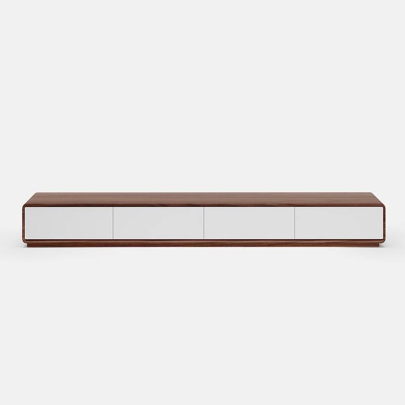 Modern Rectangular TV Stand with 4 Drawers, Wood Veneer Media Console, Walnut White, Soild Wooden, Fully-Assembled