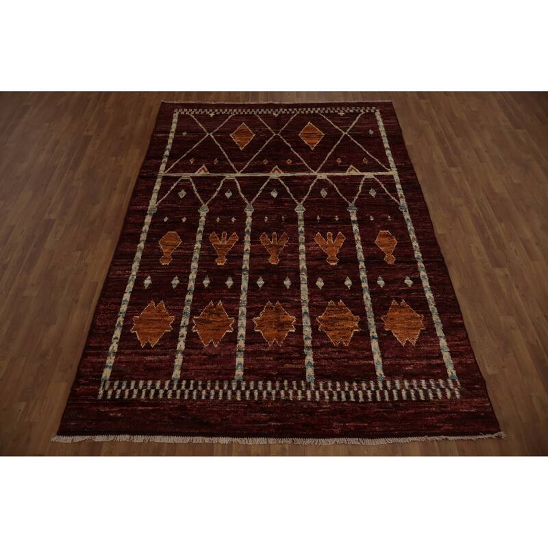 Hand Knotted Oriental 100% Wool Carpet Modern Tribal Red Moroccan Area Rug - 9' 9'' X 6' 8''
