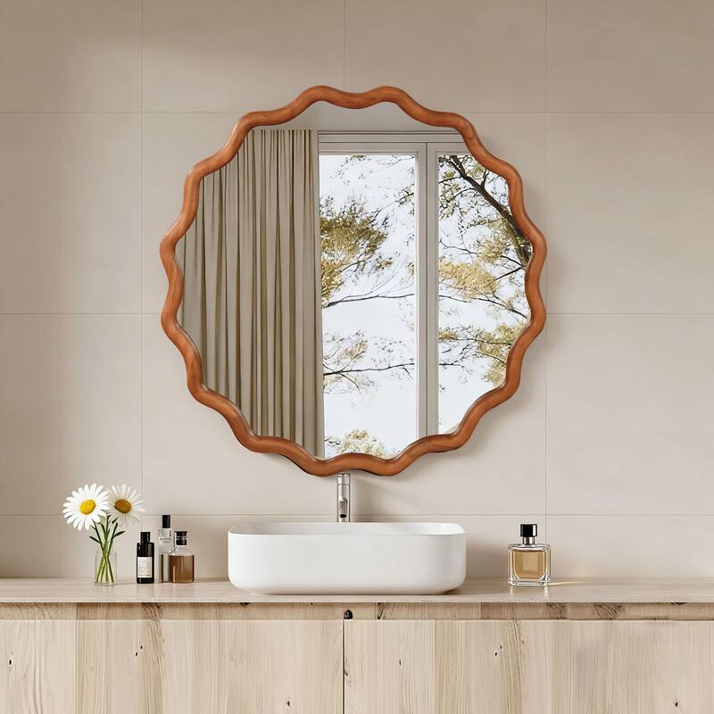 30 inch Wavy Round Solid Wood Frame Decorative Mirror,For Bedroom, Bathroom, Living Room, Entryway - Yellow Brown