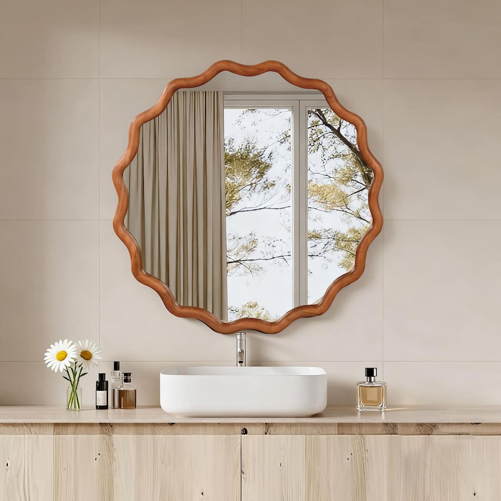 Wavy Round Solid Wood Frame Decorative Mirror - Antique Brown