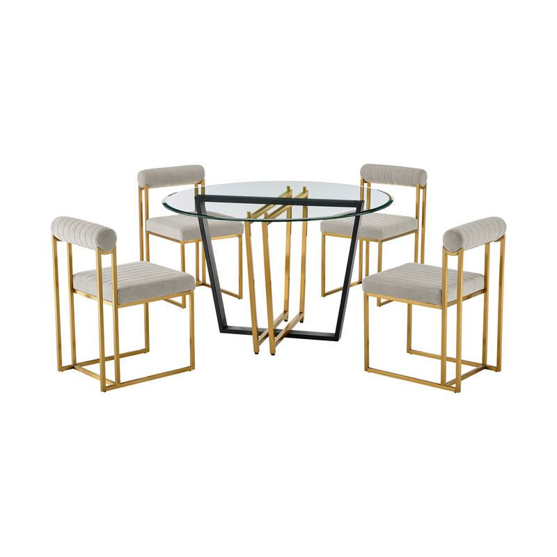Devi Anastasia 5 Piece Round Glass Dining Table Set with Metal Frame and Upholstered Chairs