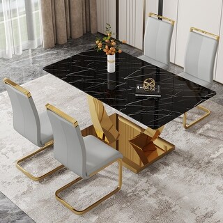 Modern 5-Piece Dining Table Set with Textured Glass and 4 PU Chairs ...