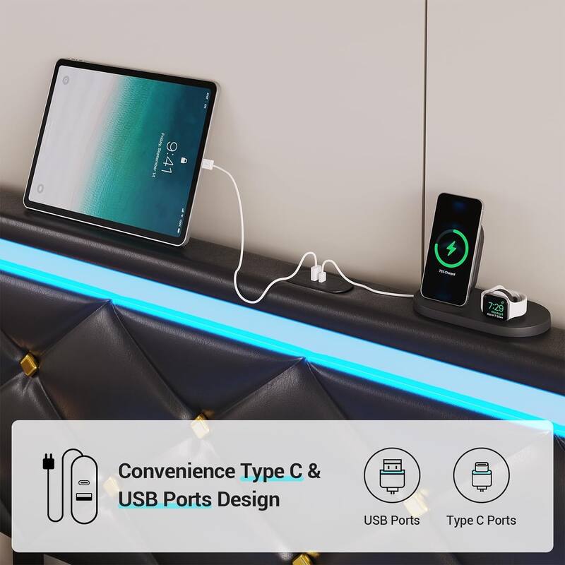 Floating Bed Frame LED Lights USB Ports Low Profile Faux Leather