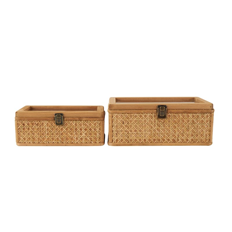 Brown Rattan Handmade Woven Rattan Decorative Box with Glass Tops and Bronze Latches (Set of 2)