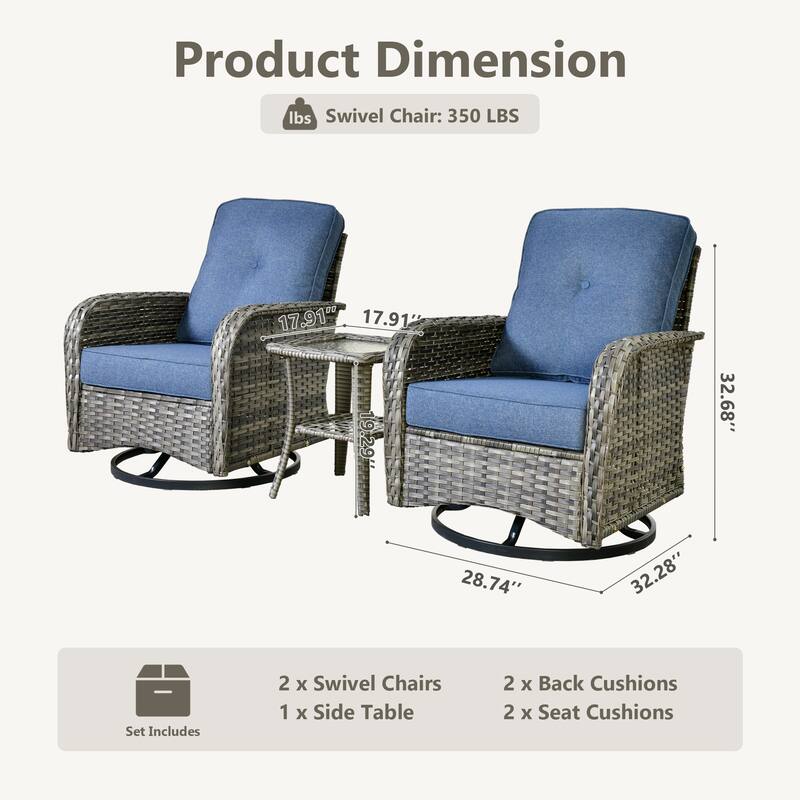 HOOOWOOO 3-piece Grey Wicker Patio Swivel Rocking Chair Set