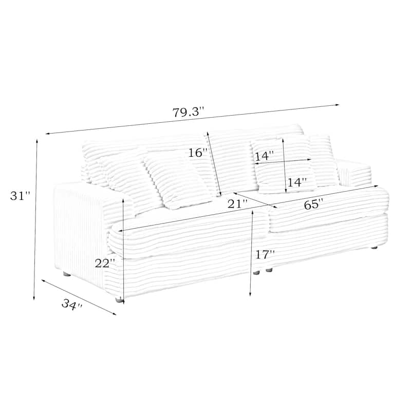 79.3" Long Corduroy Sofa, Spacious and Comfortable 3-Seater Couch with Toss Pillows, Modern Design for Apartments