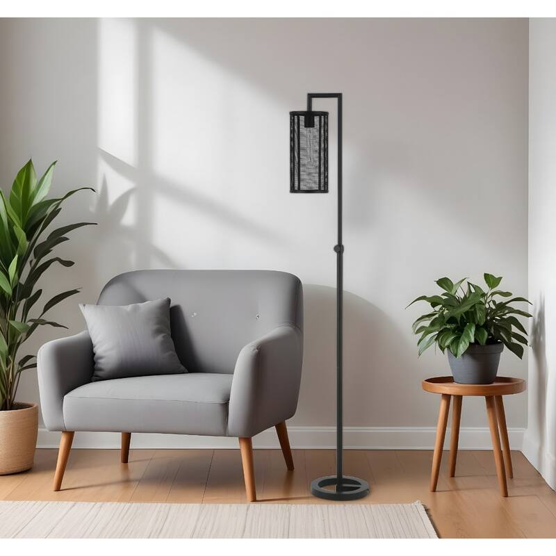69” Black Industrial Floor Lamp with Metal Mesh Shade and Foot Switch for Bedroom and Living Room - 69”H x 15”W x 10”D